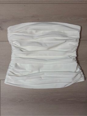 Cinq a Sept Zoey Ruched Strapless Top Back Zip in Ivory
